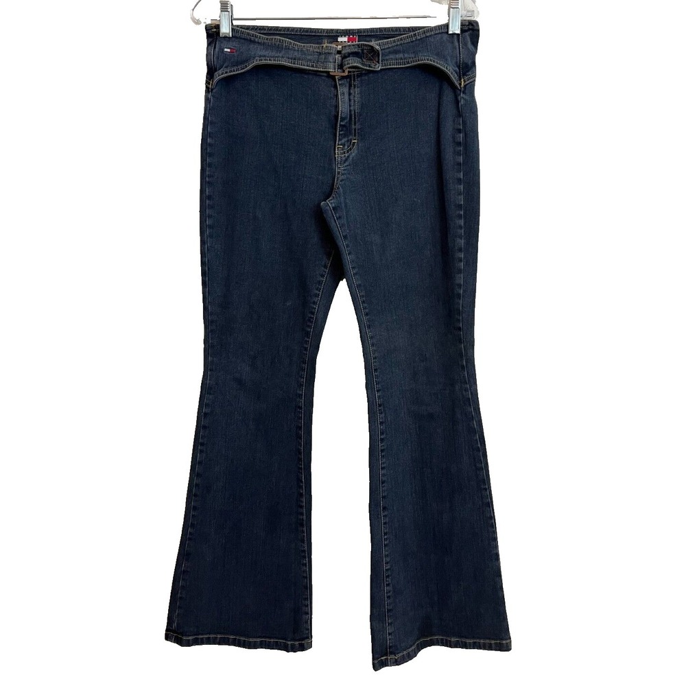 Tommy Jeans Women's Size 11 Flare Blue Denim Jeans Front Belt 32" X 30" Y2K